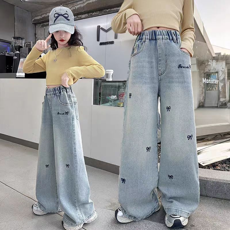 Autumn Cotton Bow Embroidery Girls Jeans Pants Solid Color Loose Wide Leg Trousers for Kids Girls Korean Soft Children Pants