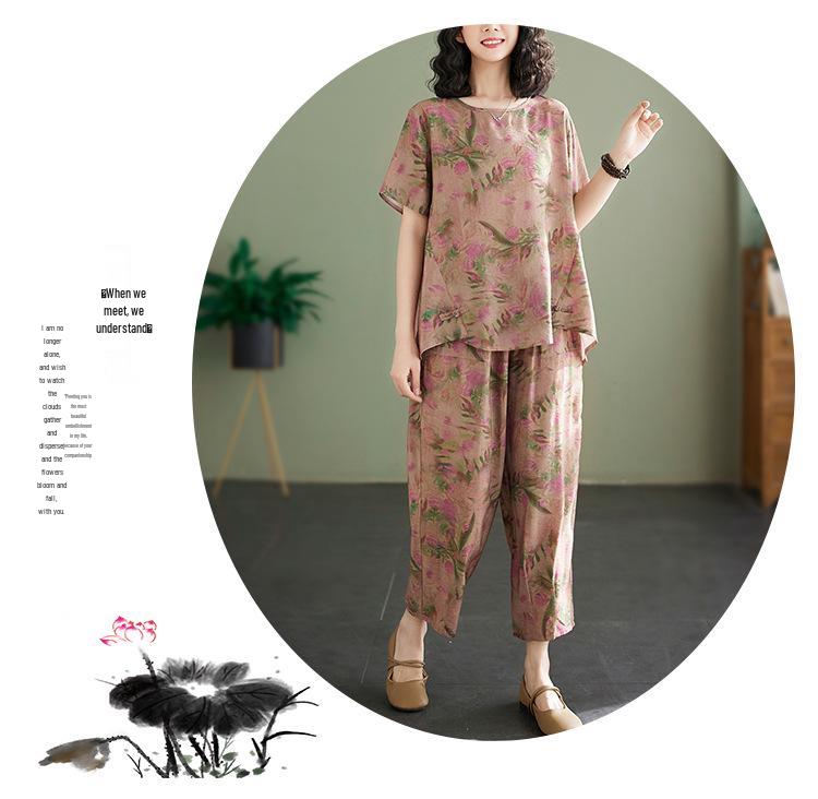 2025 Summer Cotton Linen Floral T-shirt & Harem Pants Set for Women