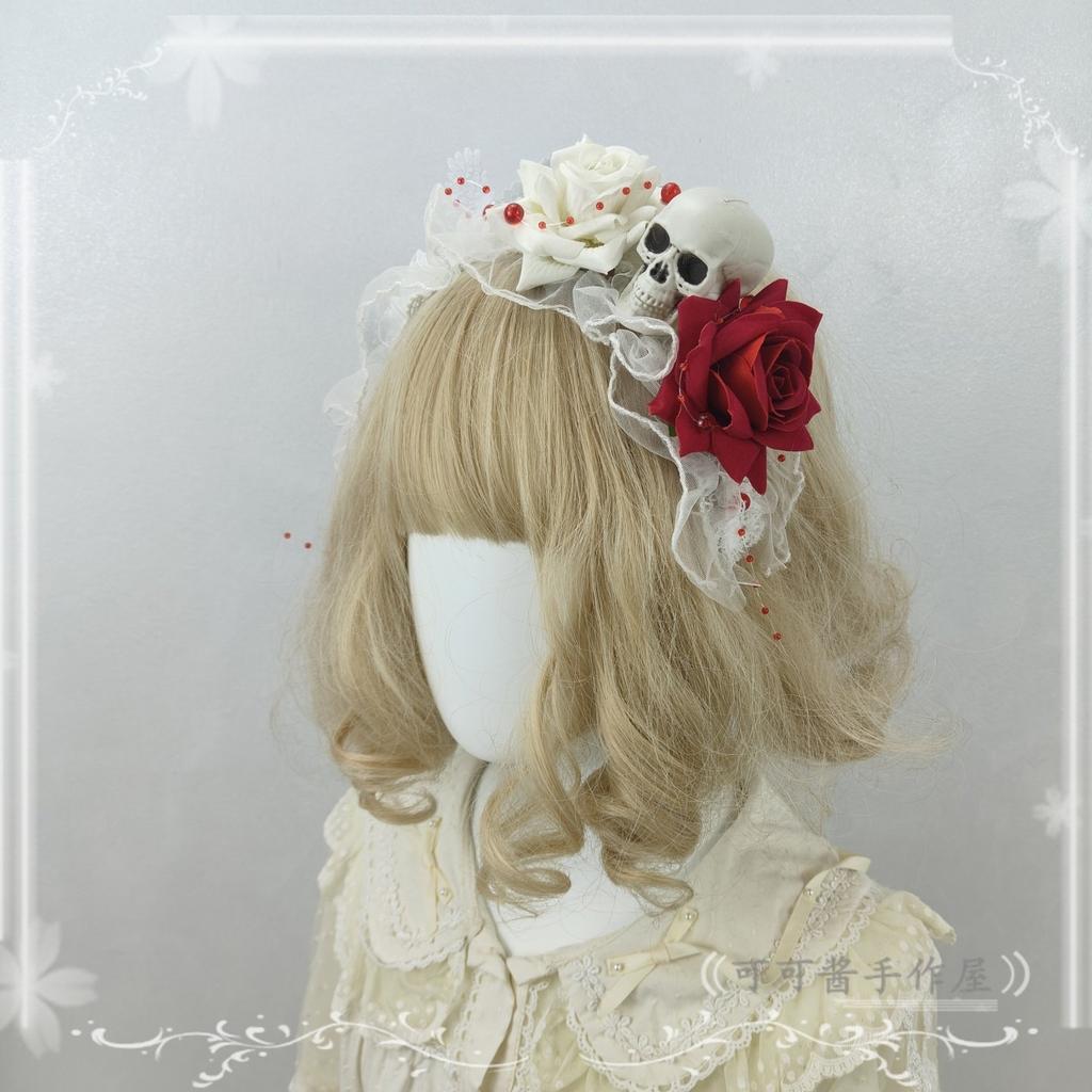 Original Handmade Halloween Ghost Bride Cos Dress Up Hair Accessories White Lace Veil Blood Drop Mesh Flower Women's Headdress