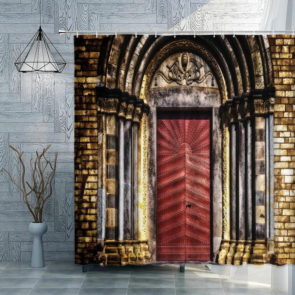 

Old Fashioned Door Bookshelf Shower Curtain Creative Brick Wall Education Arched Door Pattern Bathroom Home Decor With Hooks W90XH180cm
