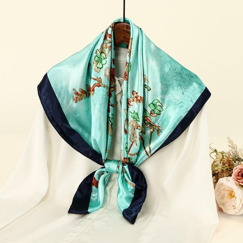 New hot-selling branch and vine printing satin versatile square scarf fashionable high-end outer imitation silk shawl bag headscarf