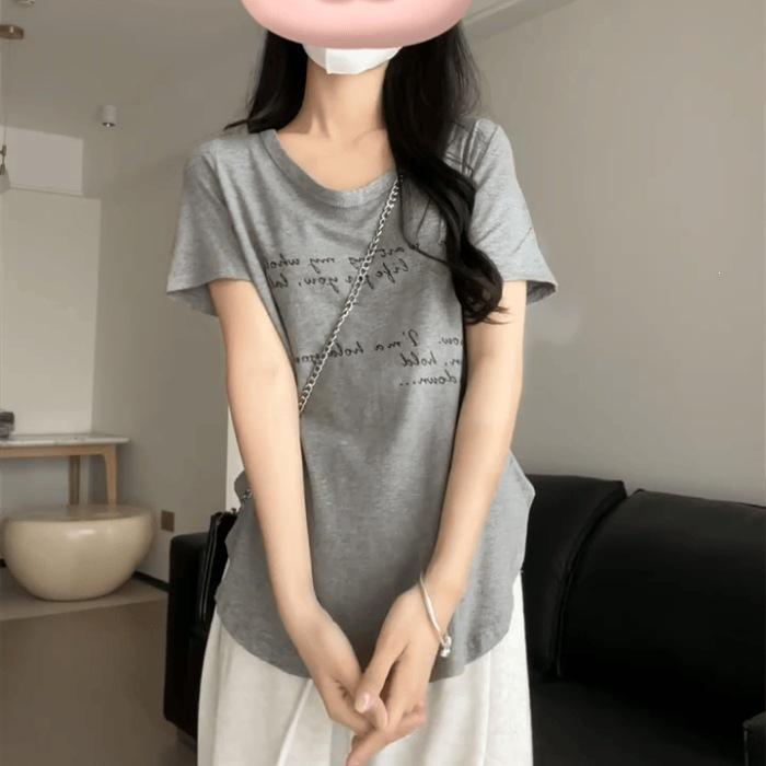 

American retro letter print irregular hem loose short sleeve V-neck T-shirt tide XL