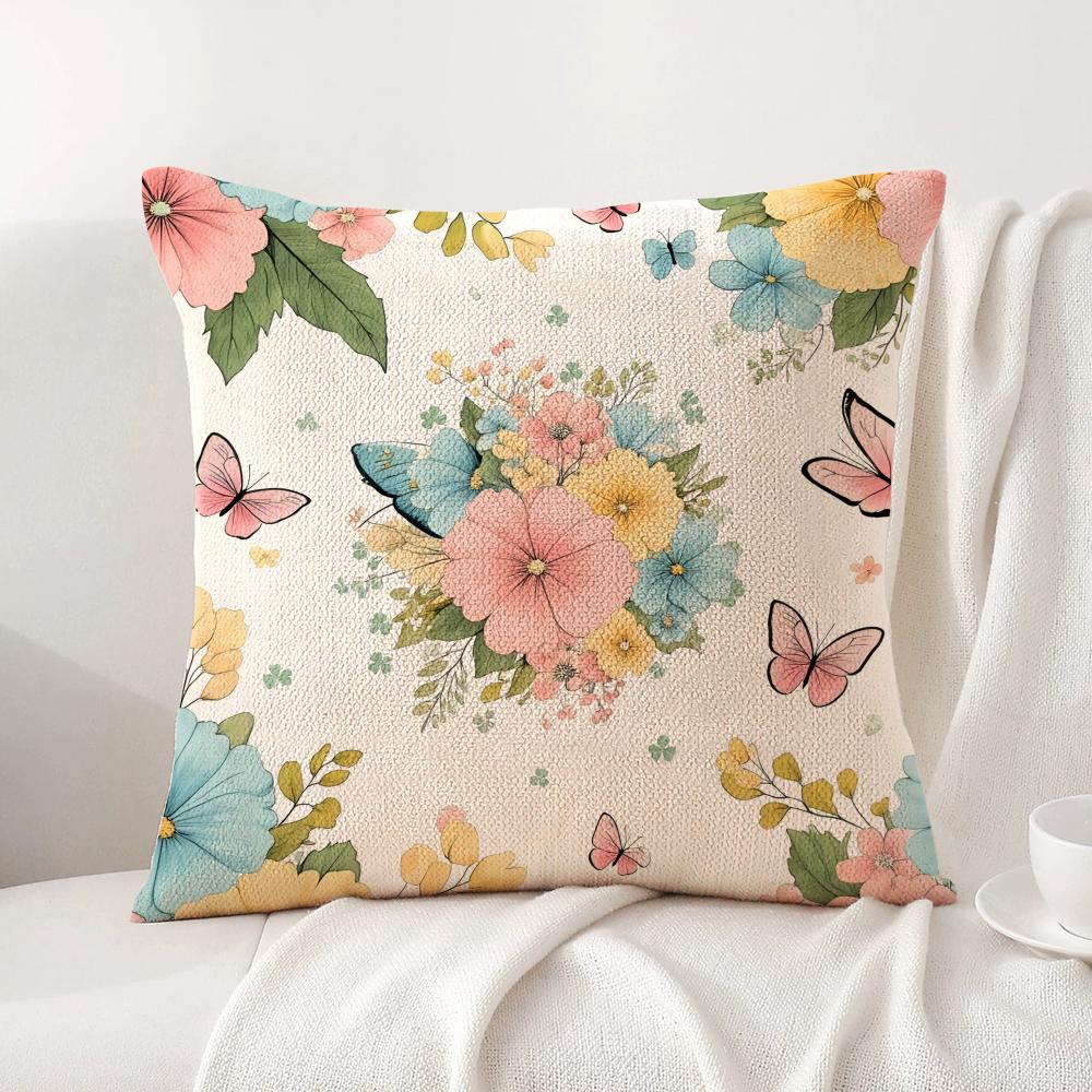 Spring Floral Cushion Cover Natural Linen Organic Fabric Double-Sided Printing Sofa Home Decor Gift Pillow Cover