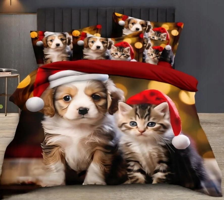 Christmas bedding 3D realistic pattern 160x200 + 2 pillowcases, cat, dog