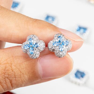 Luxury Blue CZ Flower Stud Women MEN Sensitive Ear 925 Sterling Silver Hypoallergenic Fashion Aquamarine Sapphire Blue Earring