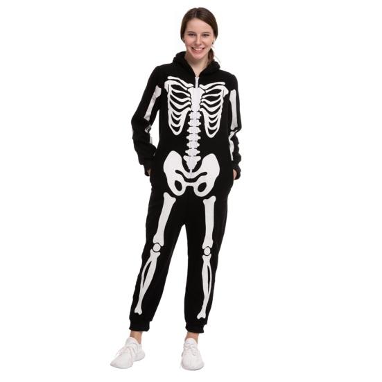 Halloween Costume Luminous Skeleton Print Family Matching Pajamas Hooded Long Sleeve Adults Kids One-Piece