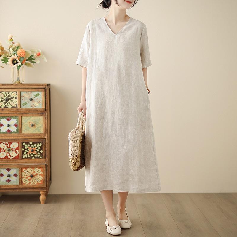 2025 Summer New Versatile V-neck Short-sleeved Cotton and Linen Dress for Women's Loose and Thin Solid Color Large-size Robe