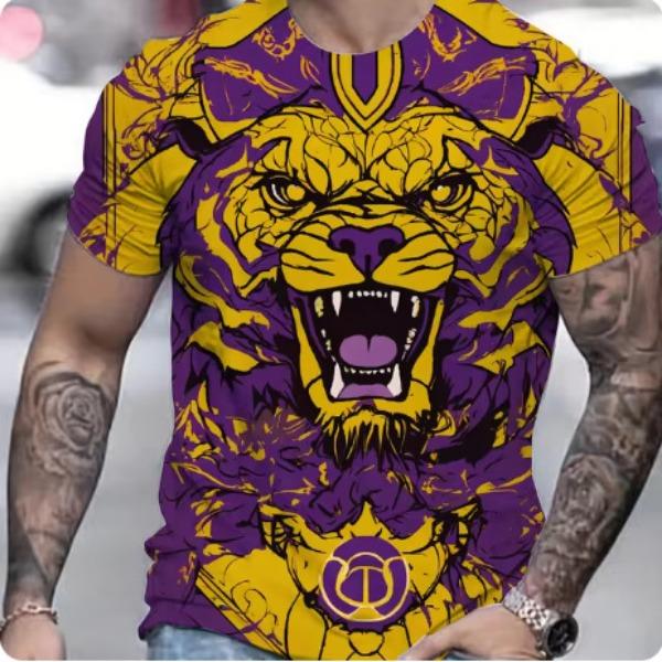 Summer Casual Men's Clothing Oversized Loose Lion Pattern Printed Short Sleeved Round Neck Fitness T-shirts