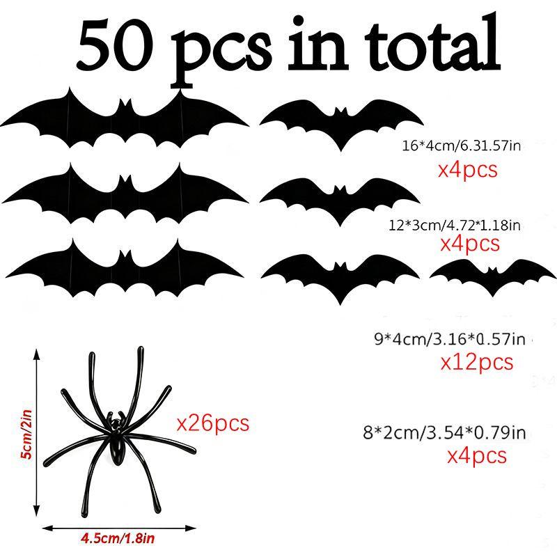 

50Pcs/set Halloween 3D Black Bat Wall Stickers With Plastic Spiders for Home Room Decoration Scary Props Kids Party Supplies чёрный