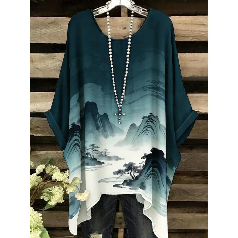 Summer Top Women Arrival Elegant Vacation Style Plus Size Simple Casual Meteor Pattern Print Irregular Hem Round Neck T-Shir