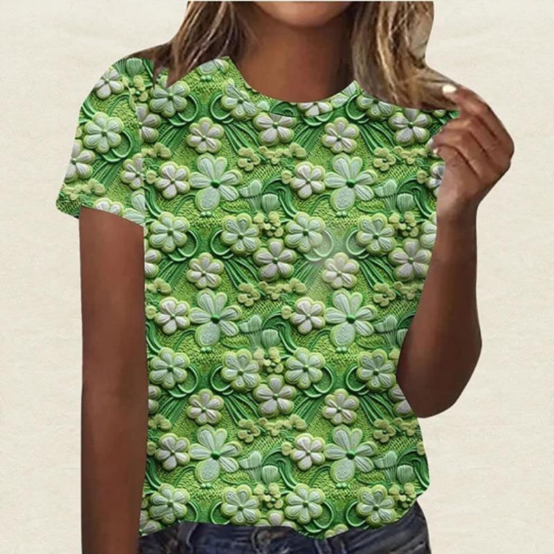 Summer Round Neck 3D St. Patrick's Day Print Top Fashionable Casual Short Sleeved Women's T-shirts