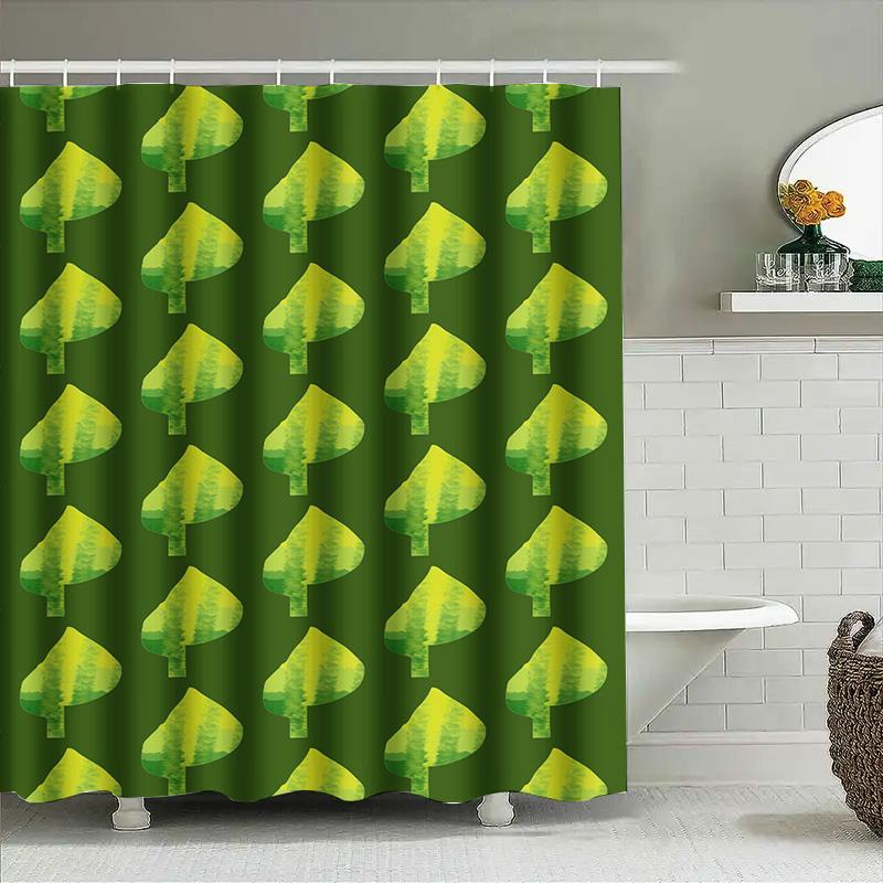 Bright Green Leaf Pattern Shower Curtain Eco-Friendly Bath Decor For Home Living Room Or Bathroom Extra Long Waterproof Shower C