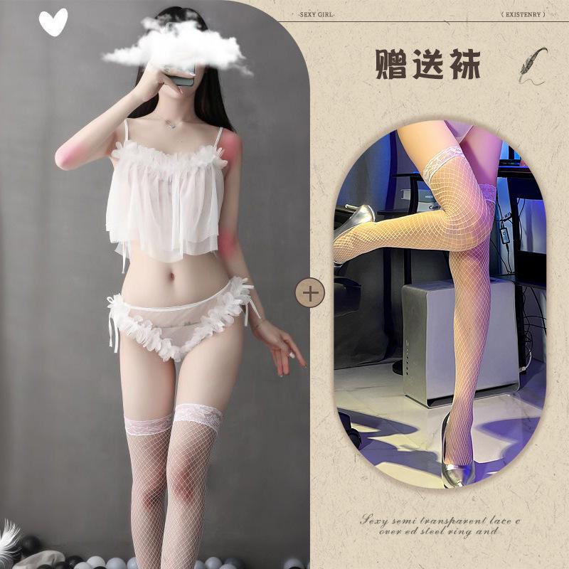 Night listening incense lingerie sexy petal splicing mesh pajamas perspective hanging neck backless temptation lace loungewear
