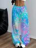 Ladies casual loungewear with multi-color tie-dye print and wide-leg design