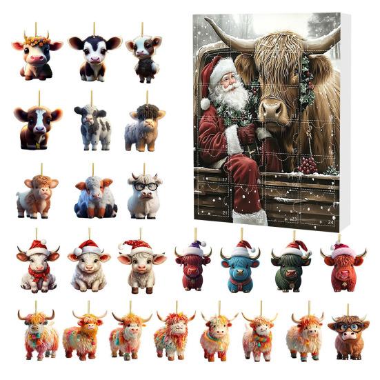 Yousheng Highland Cow Ornaments Advent Calendar 2025 24 Days Christmas Countdown Calendar with Cartoon Cows Ornament for Xmas Tree Decor