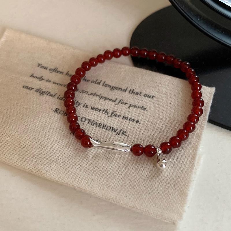 PANJBJ 925 Sterling Silver Red Agate Bead Bracelet for Women Fish Shape Retro Bead Design Versatile Jewelry Gifts Dropshipping