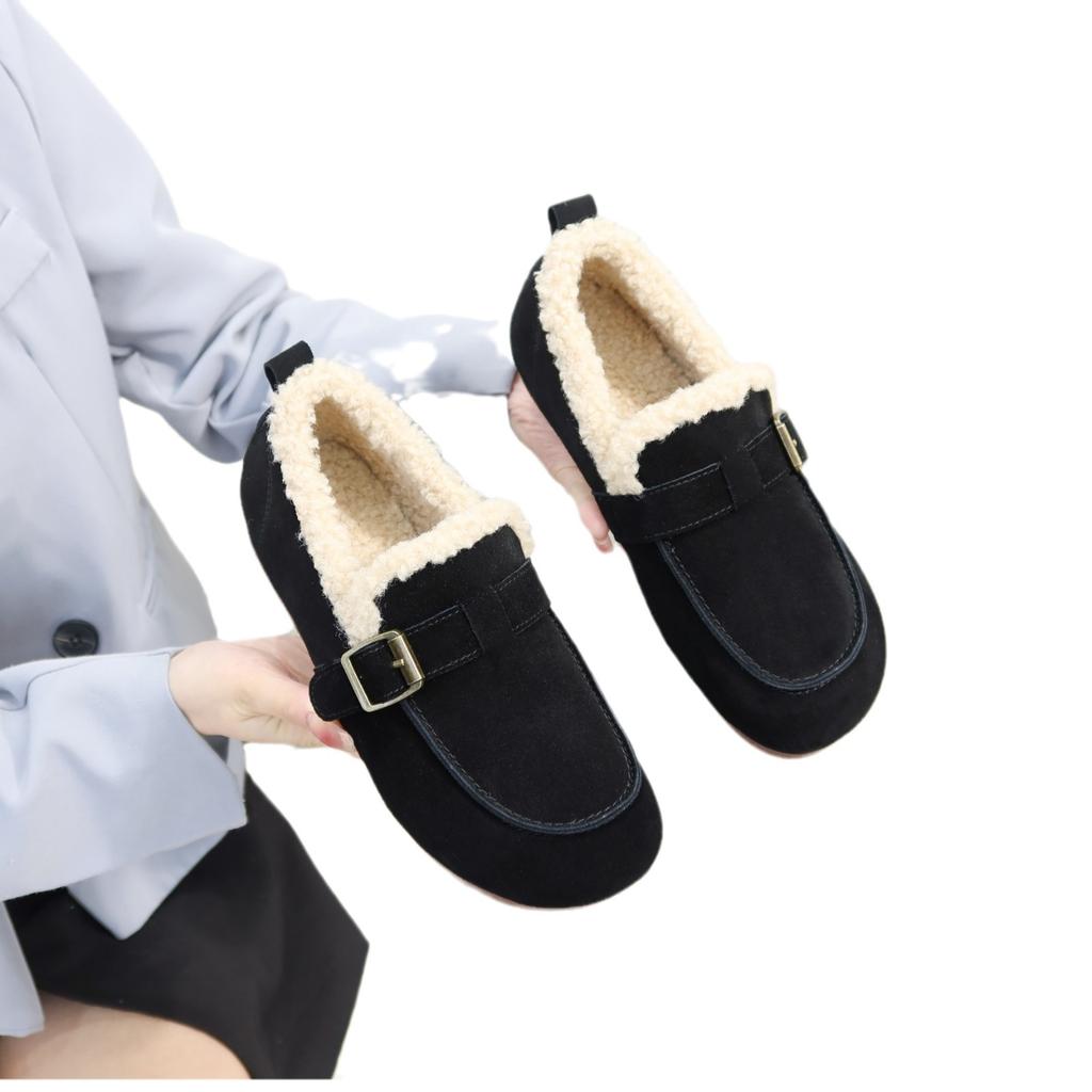 Leather plush shoes for women's winter 2025 new popular thickened warm one-pedal flat-bottomed beanie cotton shoes for women