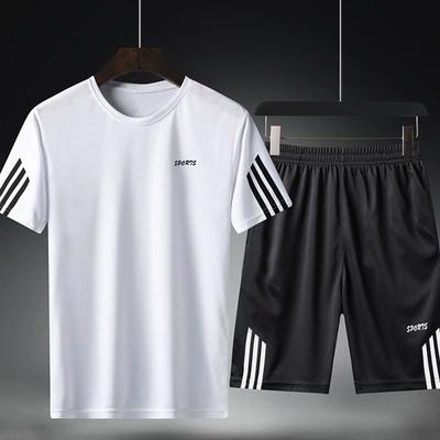 Casual Suit Sweatpants Summer Solid Stripe Tracksuit Two Piece T-shirts+Shorts Mens Sportswear Jogger Slim Fit Sportsuit