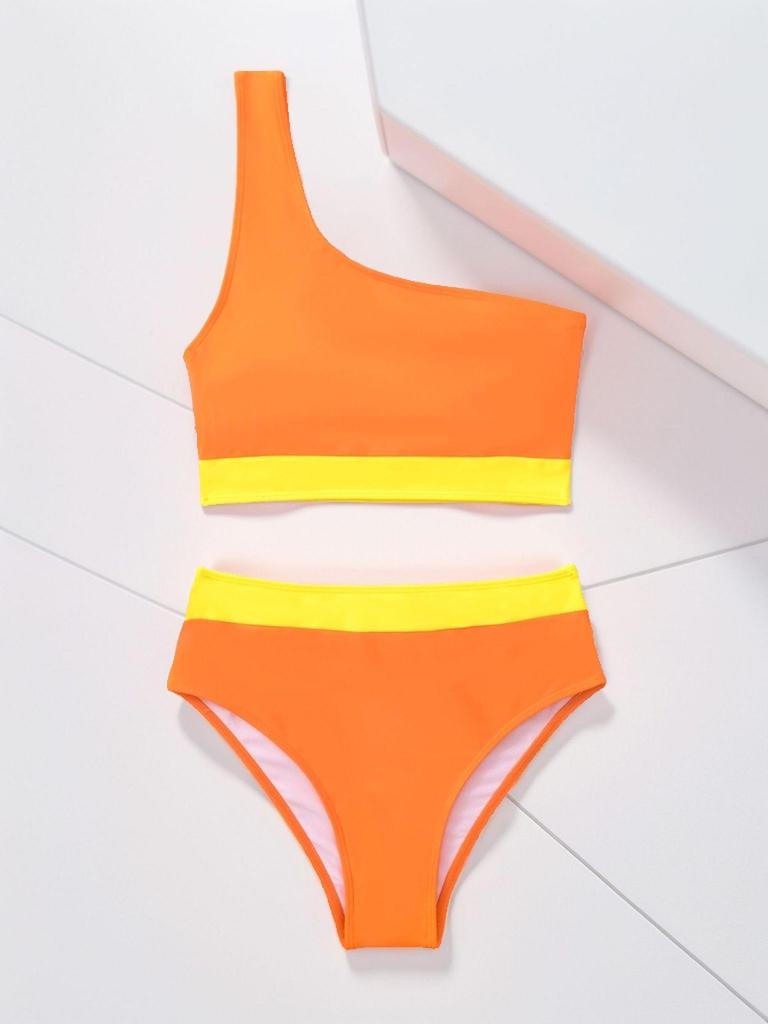 2024 European & American Color Block One-Shoulder High-Waist Bikini Swimwear