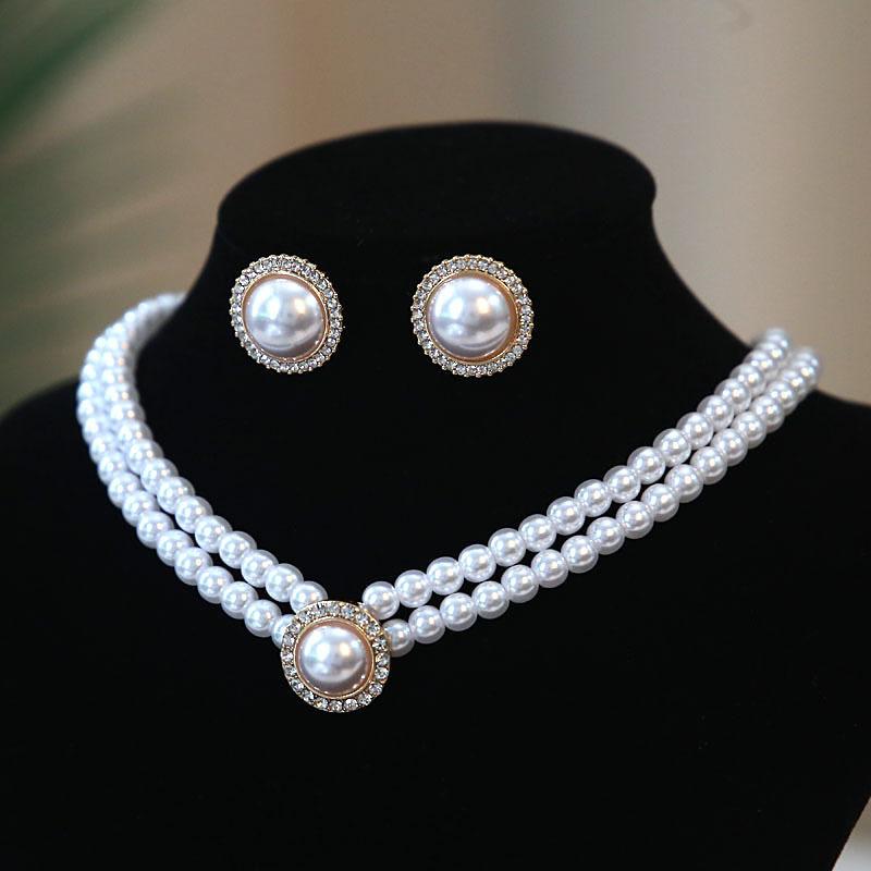Collana Orecchini Eleganti Perle a Doppio Strato Donna Catene Vintage Classiche Raffinate Per Festa Matrimonio Dama Gioielli Retrò Choker