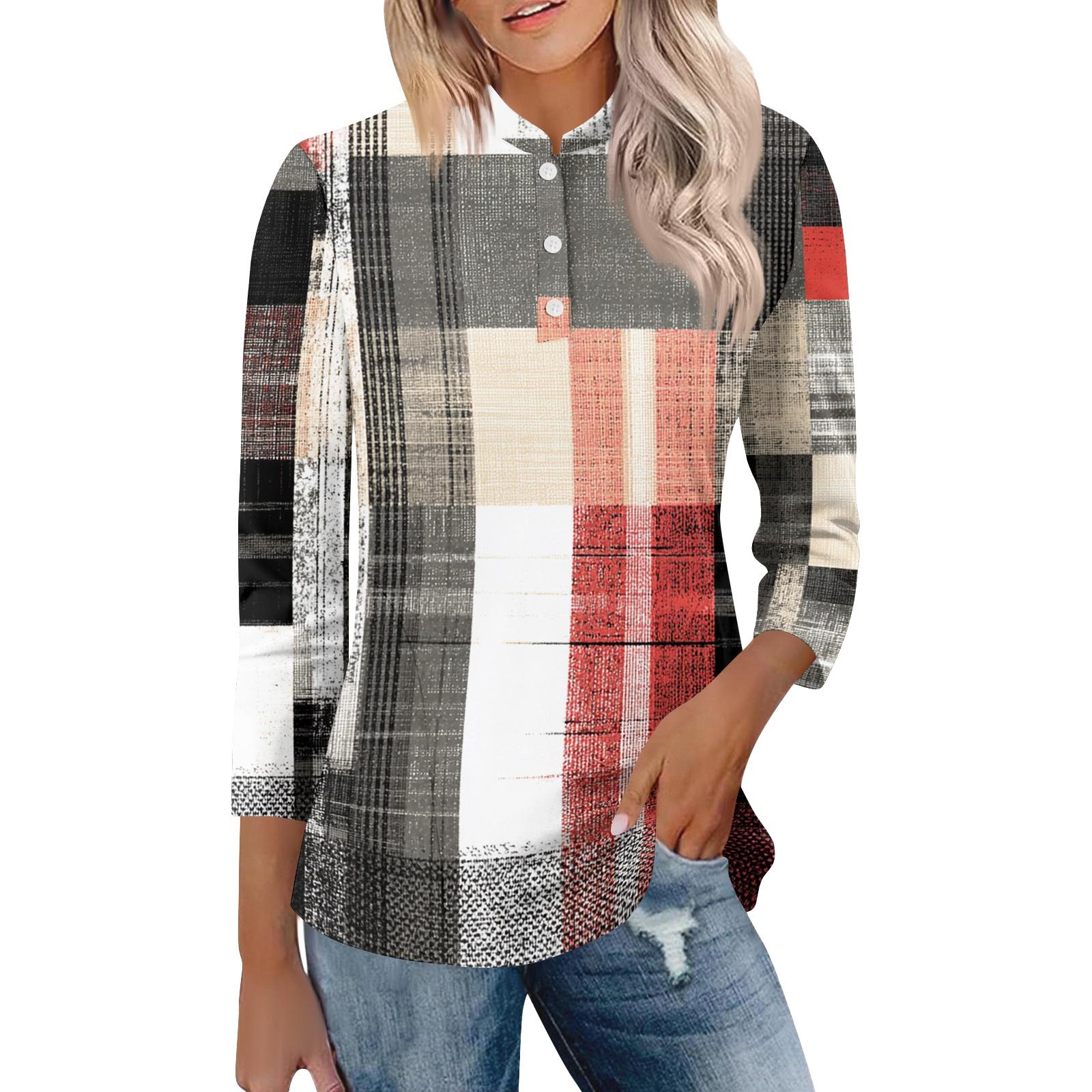 

Women s Casual Loose Fit Polo Collar Shirt Three Quarter Sleeve Button Down Plaid Pattern Top for Everyday Wear XXL белый