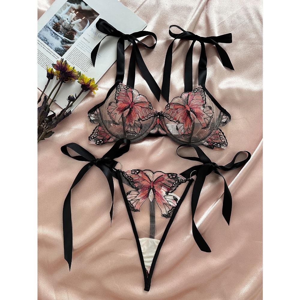 New Butterfly Embroidery Suspender Transparent Mesh Yarn Seductive Girl Sex Suit