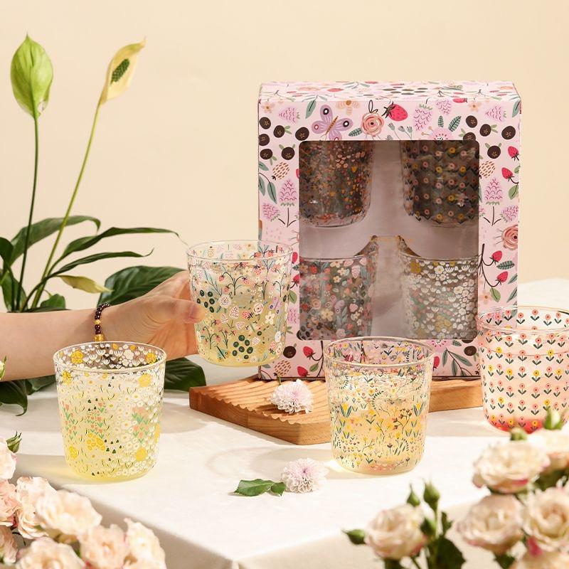 Heat Resistant Borosilicate Glass Flower Cup, Floral Glass Cup, Milk, Juice & Breakfast Drinking Glass