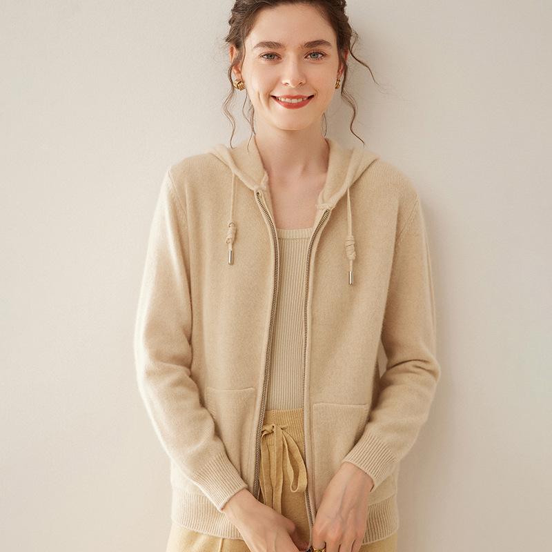 2024 A/W Women's Pure Cashmere Hooded Double Zipper Cardigan - Solid Color, Stylish & Warm.