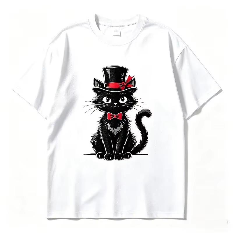Black Cat Red Bow Blue Denim Overalls Print Tshirt Vintage Cute Kitten Graphic Summer Casual Short Sleeve Tee Harajuku Y2k Top