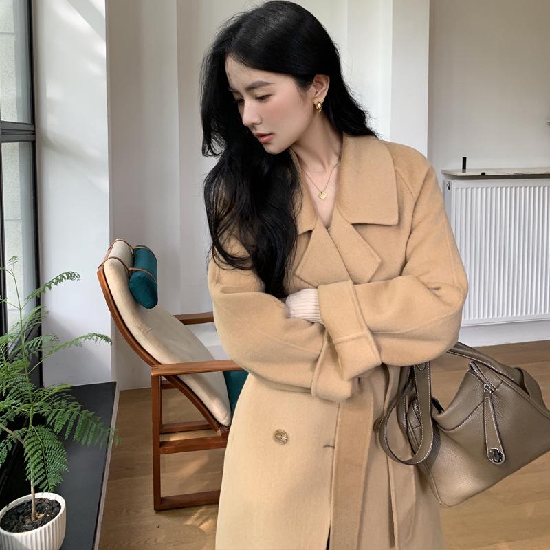 Women's Camel Wool Overcoat - Autumn/Winter High-End Suit with Belt, Petite Fit, Long H-Version, Elegant Temperament, Style 801