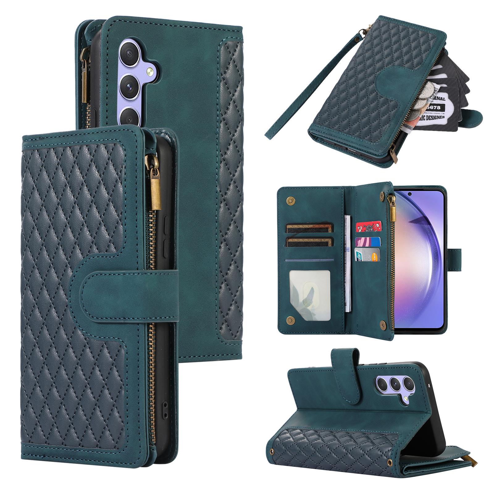 

For Samsung Galaxy A36 5G Case 9 Card Slots Rhombus Design Leather Phone Cover with Wrist Strap Green