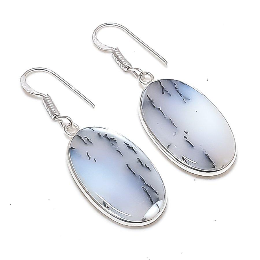 Natural Dendrite Opal Gemstone 925 Sterling Silver Jewelry Earring 1.81" AEE-10964