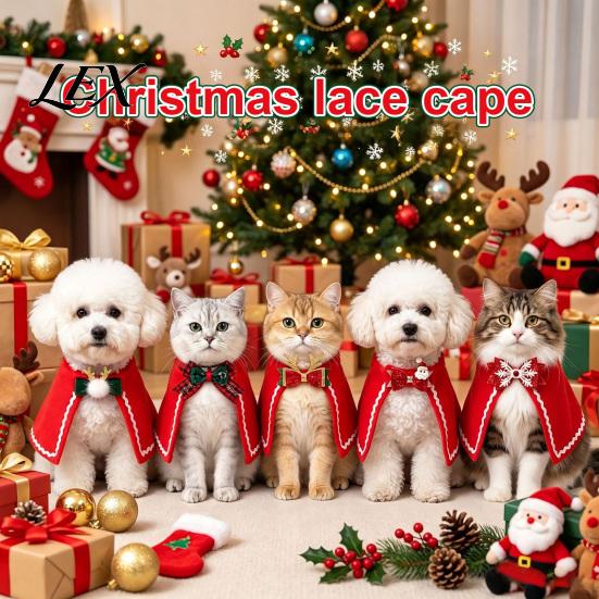 Puppy Christmas Costume Pet Cape with Bow, Red Cloak for Small Medium Dogs & Cats, Holiday Outfit White Wavy Trim, Festive Apparel Pets Dog