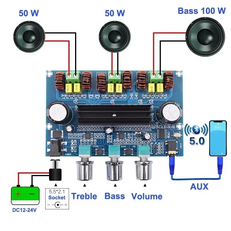 2*50W+100W Bluetooth 5.0 Dual TPA3116D2 Power Subwoofer Amplifier Board 2.1 Channel TPA3116 Audio Stereo Equalizer AUX Amp