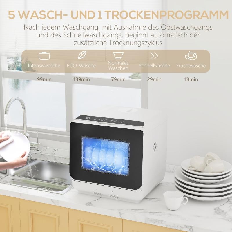 Tischgeschirrspüler, Mini-Geschirrspüler mit 6-Liter-Tank, 5 Programme, LED-Anzeige, Trocknungsfunktion