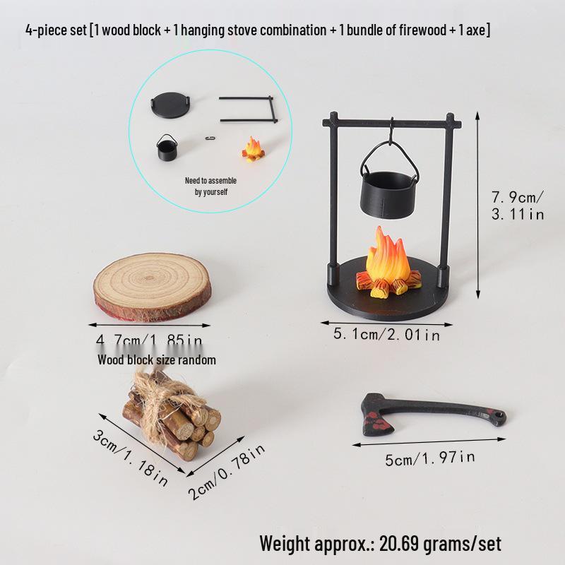 Miniature Outdoor Bonfire with Water Boiling Pot and Hanging Stove for Dollhouse Camping or Christmas Scene Decor