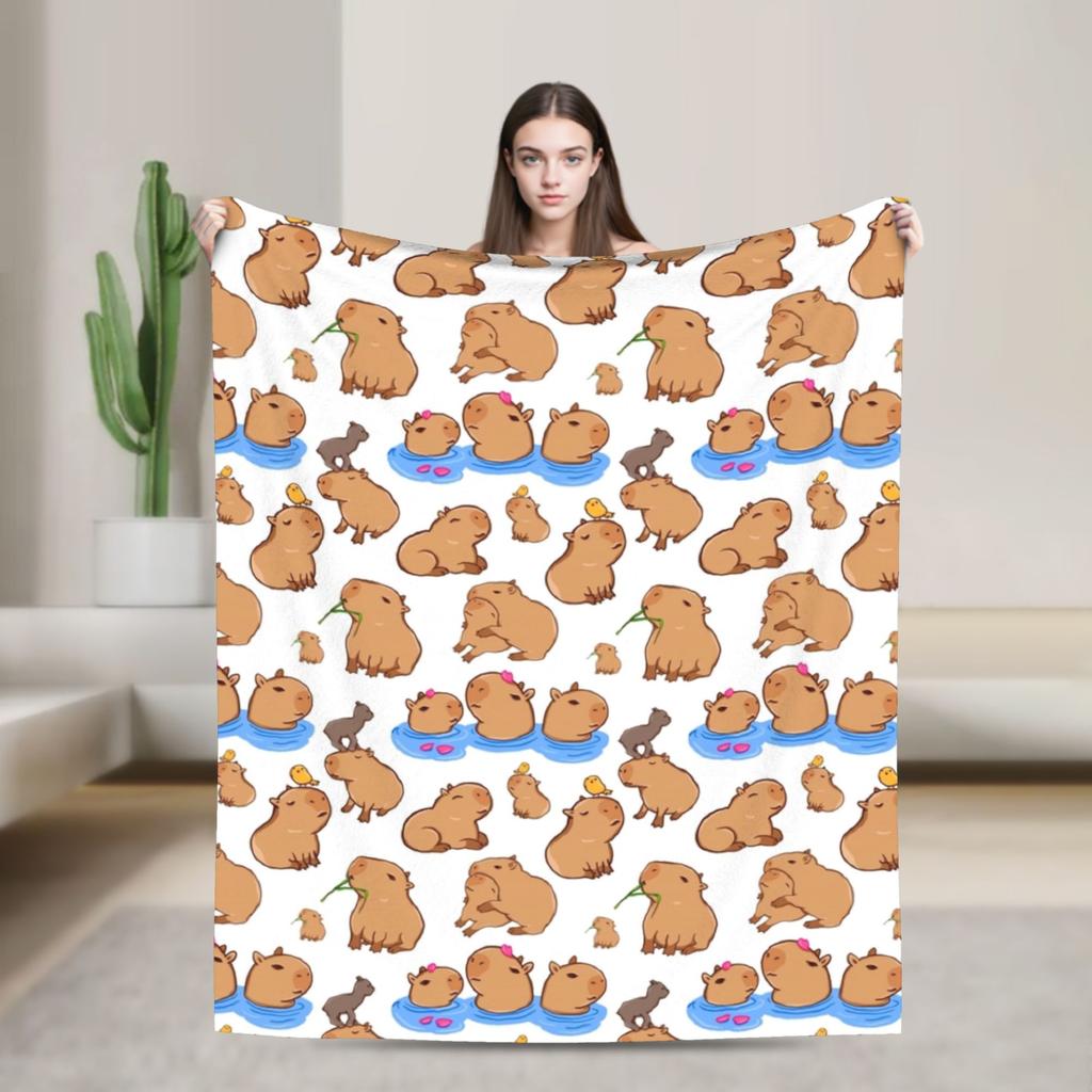 Capybara Pattern Blanket Flannel Autumn/Winter Cartoon Cute Multifunction Lightweight Throw Blanket for Bed Office Quilt