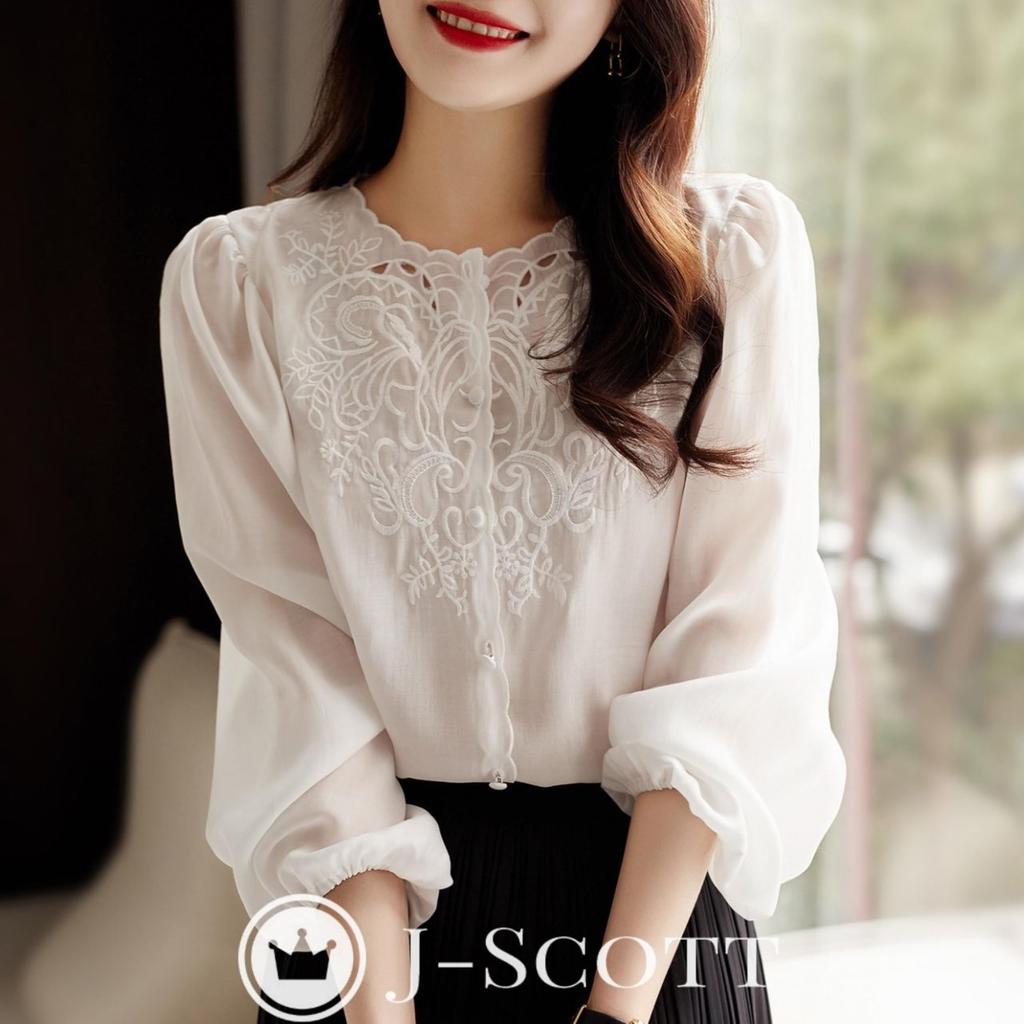 J-Scott Bestickte Chiffonbluse mit botanischem Druck, Puffärmeln, langen Ärmeln, Muscheldesign, Weiß (JS86-WH-XL) (Begrenzter Vorrat)