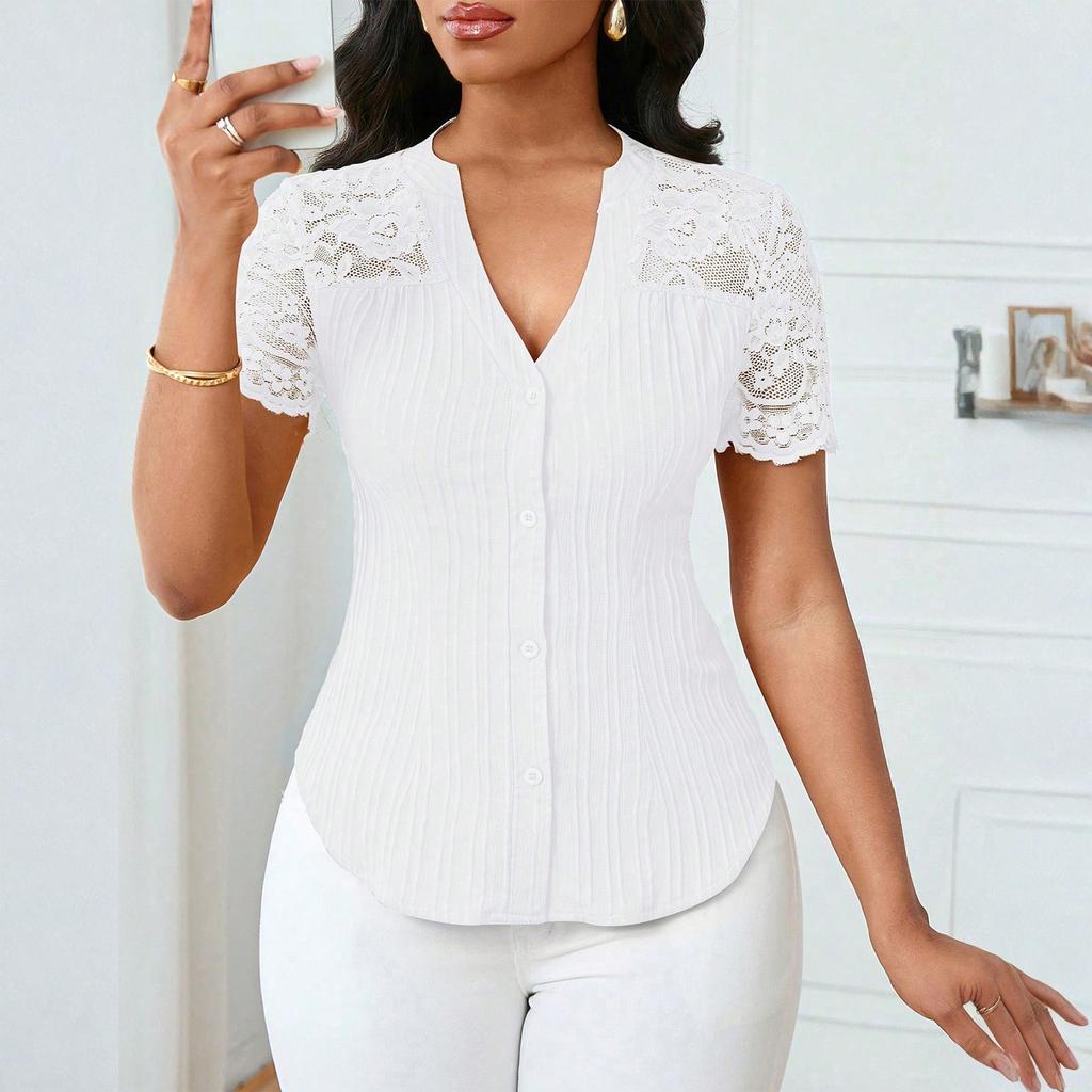Women's Fashionable Versatile Single Breasted Color Slim Fit Embroidered Hollow Short Sleeved Top