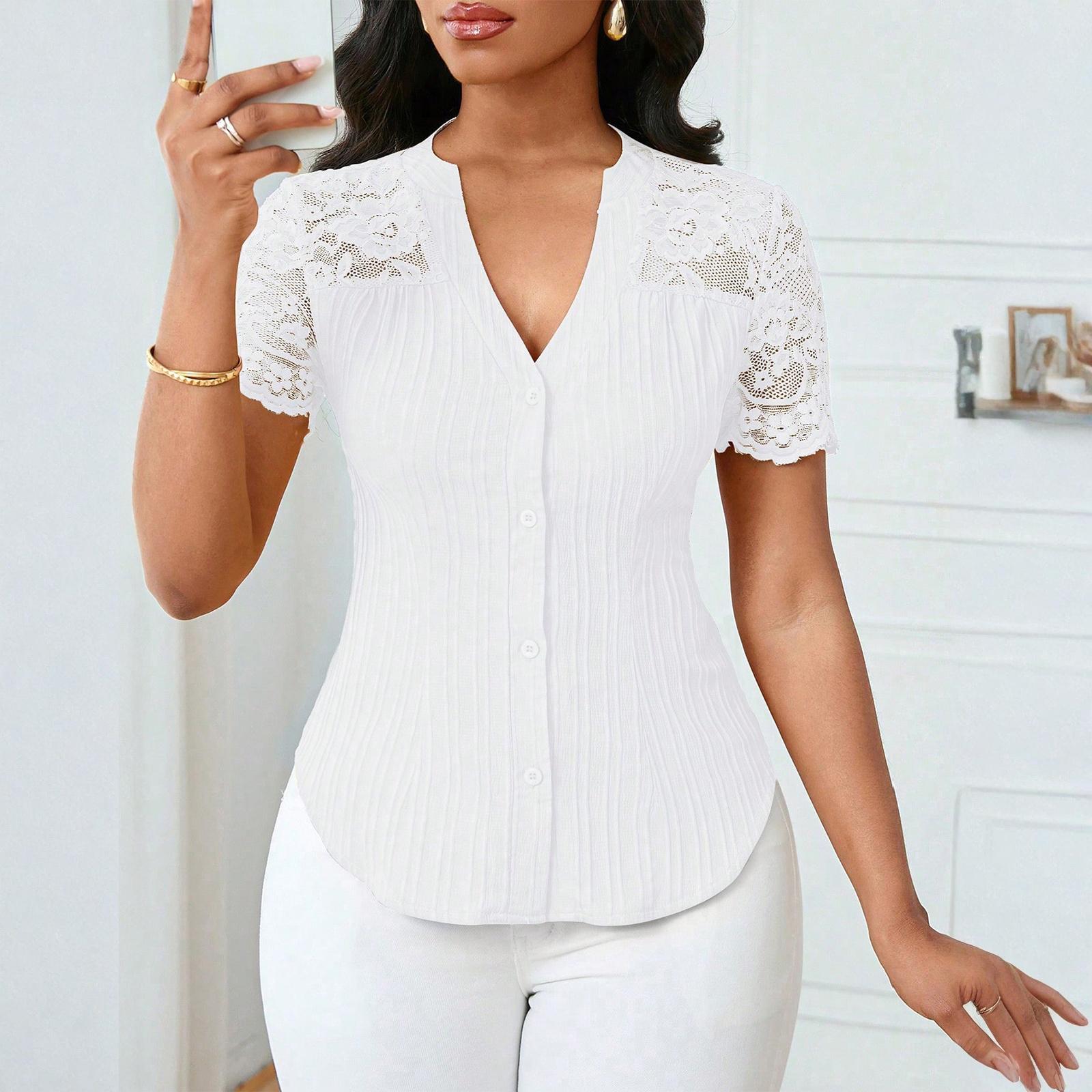 Women s Button Front Short Sleeve Top Slim Fit Embroidered Hollow Out Detail Lightweight Blouse for Casual Workwear S белый