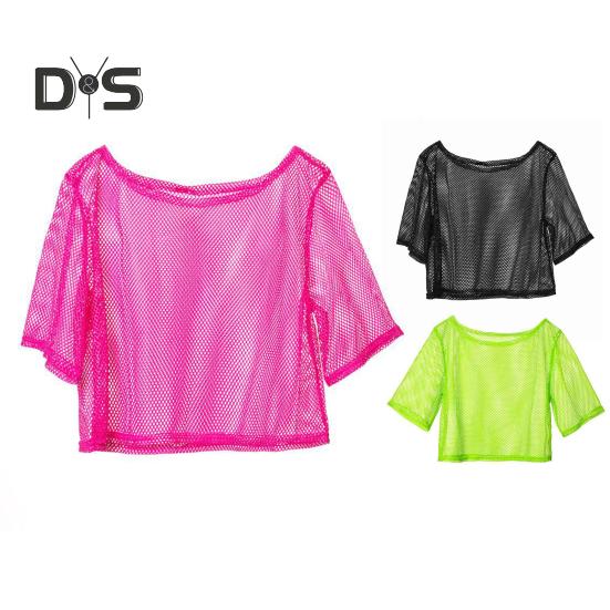 Women Fishnet T Shirt Hollow Out Solid Color Loose Round Neck Three Quarter Sleeve Pullover See Through Nightclub Party Dance Top