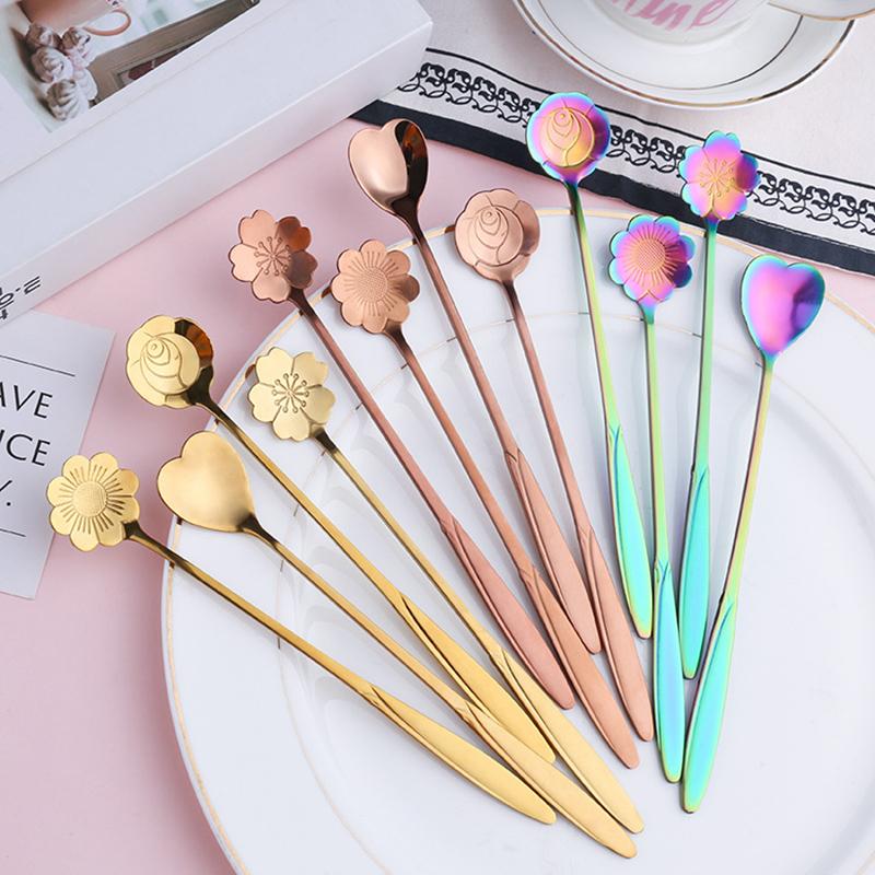 4Pcs Flower Spoon Set Small Teaspoon Coffee Spoon Cute Ice Cream Dessert Spoon Silver Gold Stainless Steel Tableware Accessories