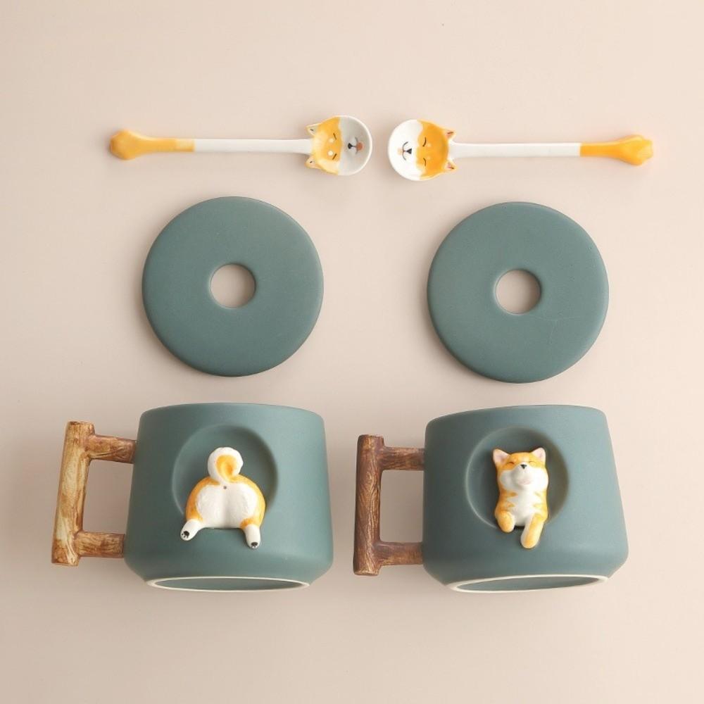 Creative Cartoon 3D Ceramic Mug 420ml Dog Design Milk Tea Cup Heat-resistant with Lid and Spoon Water Cup Breakfast