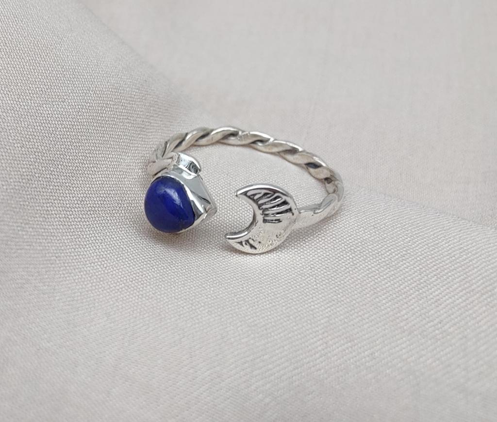 Lapis Lazuli Ring 925 Sterling Silver Moon Star Adjustable Ring Blue Gemstone Handmade Jewelry