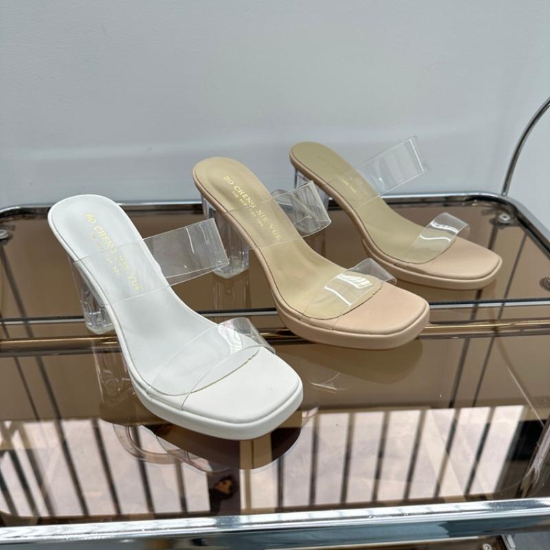 Fashion Shoes Woman 2025 Slippers Summer Luxury Slides Square heel Heeled Mules Jelly Flip Flops Platform Designer Block High Transparen