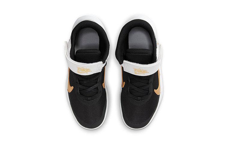 Nike Team Hustle D 10 Flyease Abrasion Resistant Mid Top Basketball Shoes White Gold Black Children Aged 3 7 Years Old DD7302-002