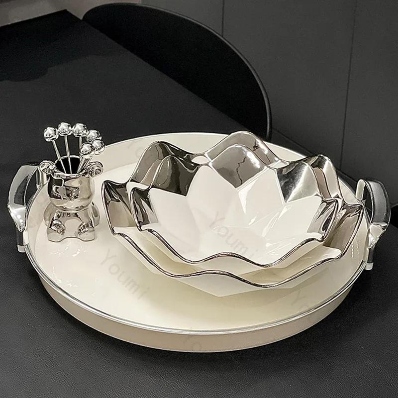 Creative Irregular Ceramic Plate Light Luxury Silver Edge Fruit Snack Plates Home Afternoon Tea Dessert Plate Unique Tableware