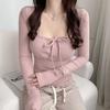 Solid Color Sweet Slim Tops Square Neck Lace Up T-shirt Fashion Design Long Sleeve T-shirt  Girls