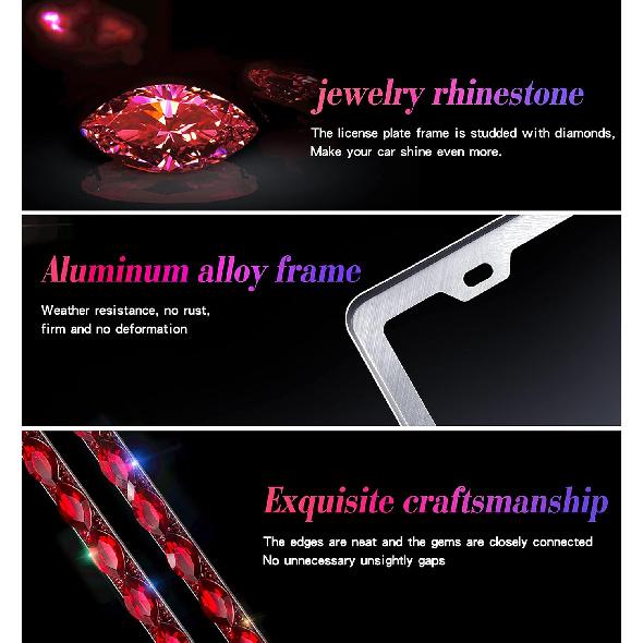 Red Bling License Plate Frame, Sparkly Stainless Steel License Plate Holder For Women, Set With 44 Gemstones, 400 14 Faceted Glass Diamond