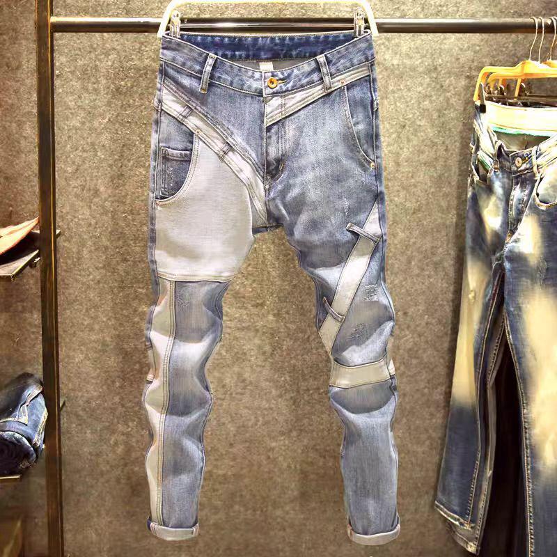 Men's Blue Multi-Pocket Slim-Fit Jeans with Elastic Patchwork - Trendy Autumn/Winter Fashion